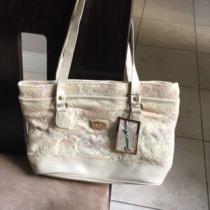 NWT floral fabric bag with taupe faux leather